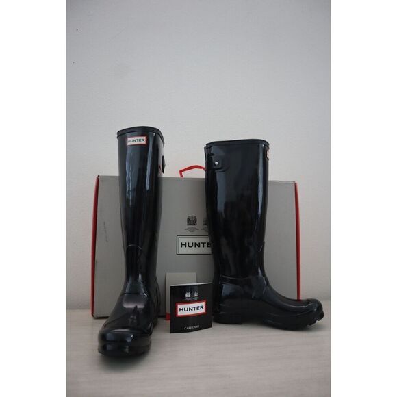 Hunter Men Sz 4 WMNs 5 Black Original Back Adjustable Gloss Tall Rain Boots - Picture 14 of 16